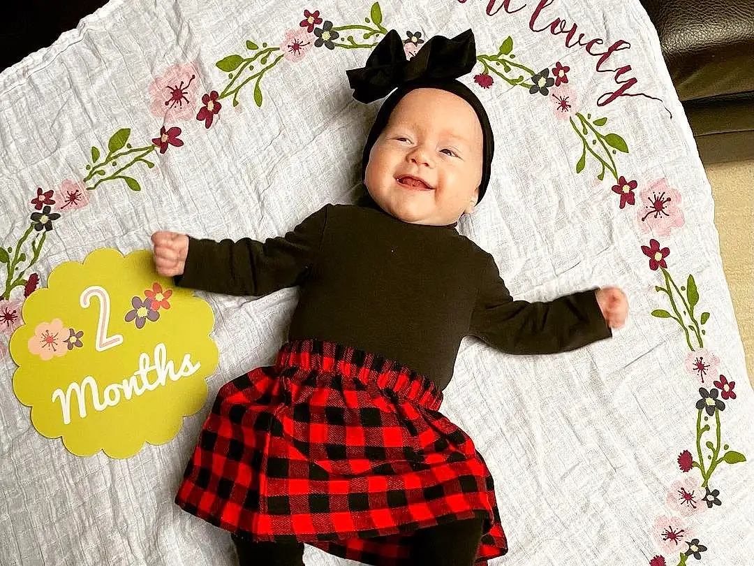 Head, Facial Expression, Tartan, Textile, Sleeve, Happy, Dress, Chapi Chapo, Baby & Toddler Clothing, Rose, Plaid, Pattern, Bambin, Costume Hat, Font, Sock, Doll, Enfant, Illustration, Personne